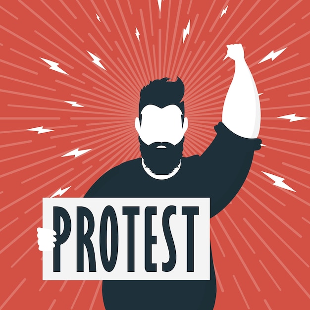 Vector protest concept a man with an empty banner in his hands red banner rally or protest concept vector illustration