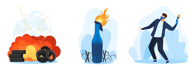 Protest set of  illustration. Molotov cocktail blast. Fire and bottle.