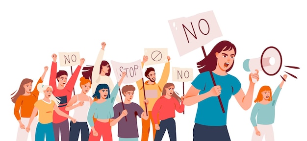 Protesting people at a rally, parade or political meeting. A crowd of angry people with placards