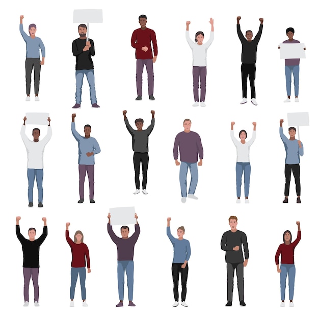 Protesting people with fists raised vector set