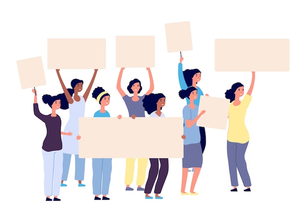 Vector protesting women. international female characters with placards. isolated active girls power, feminism vector illustration. woman protest and demonstration, young power activism