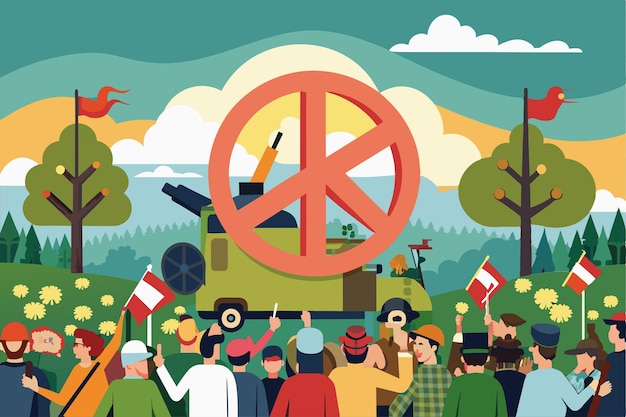 Vector protestors with peace flags stand in front of a war machine turned symbol of peace in the illustration antiwar protest customizable semi flat illustration