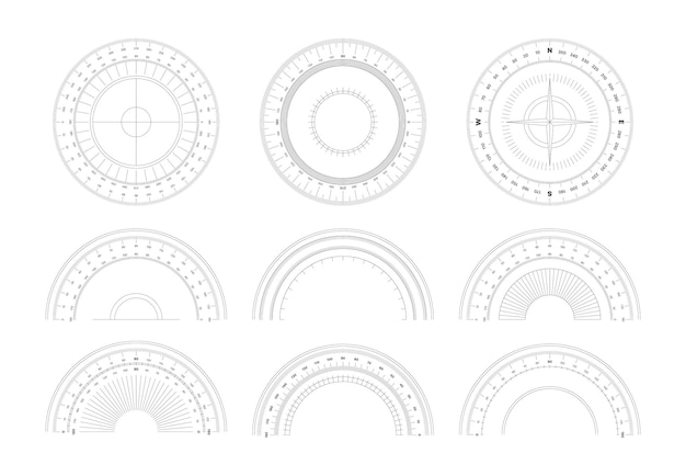 Protractor 360 degree measurement shapes with numbers and symbols circular shapes of scale goniometer garish vector templates set