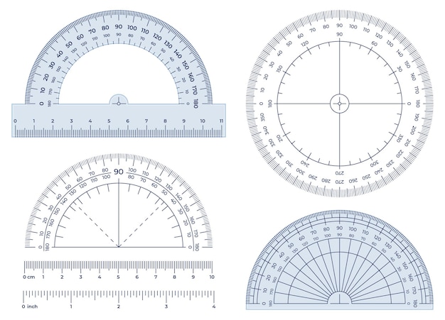 Protractor. Angles measuring tool, round 360 protractors scale and 180 degrees measure   illustration set.