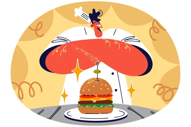 Vector proud male chef presenting gourmet delicious hamburger on plate in restaurant smiling man cook show burger in bar or cafe food and cuisine vector illustration