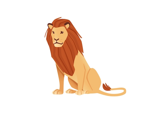 Proud powerful cute lion sitting on the ground character cartoon style animal design flat vector illustration isolated on white background