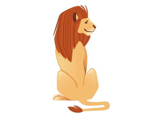 Proud powerful cute lion sitting on the ground character cartoon style animal design flat vector illustration isolated on white background