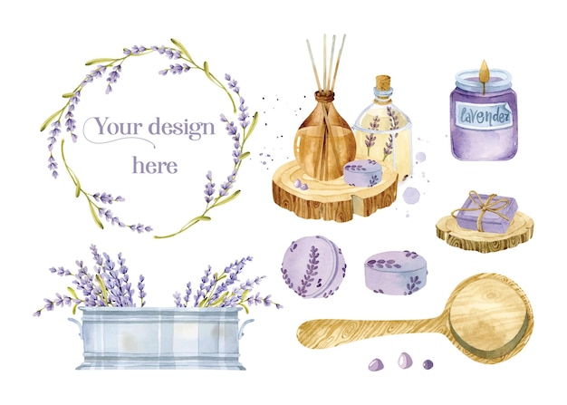 Provence spa elements, lavender wreath and metal box with bouquet watercolor seamless pattern