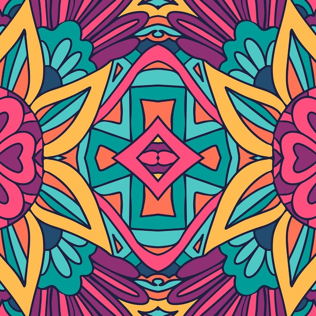 Psychedelic colorful flower doodle pattern. Rainbow colors abstract pattern.