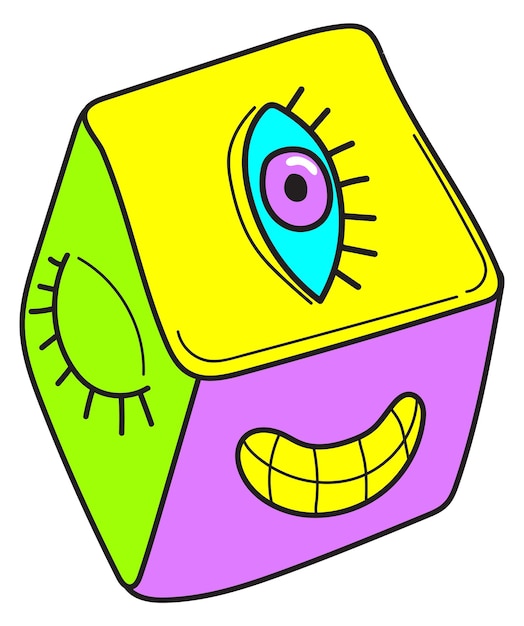 Psychedelic cube sticker Surreal emoji in neon style