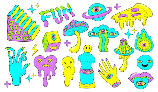 Psychedelic emoji stickers Cartoon mushroom retrowave art hipster sticker 90s 80s illusion stairs surrealism comic character weird smile