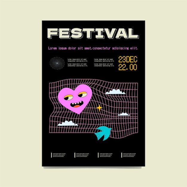 Psychedelic festival poster with crazy smiling heart and mesh background Minimalistic rave flyer print