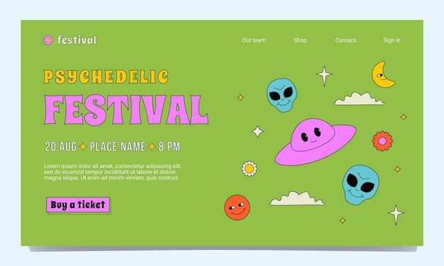 A psychedelic festival website template in the 1970s 1960s style A crazy outlined illustration with smiling ufo aliens clouds flowers