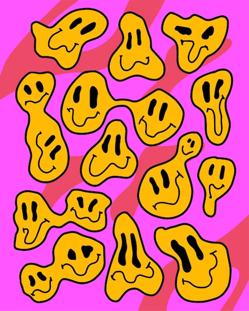 Vector psychedelic fluid emojis acid rave print