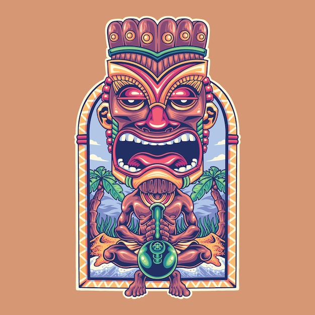 Psychedelic hawaiian tiki mask illustration