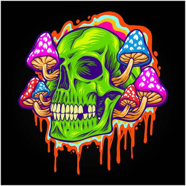 Psychedelic head skull with mushrooms illustrations