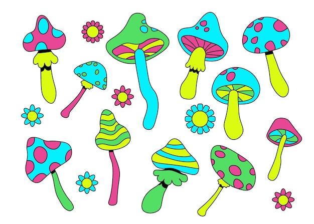 Psychedelic neon mushrooms set Collection of colored acid rainbow mushroom hippy style vector illustration EPS