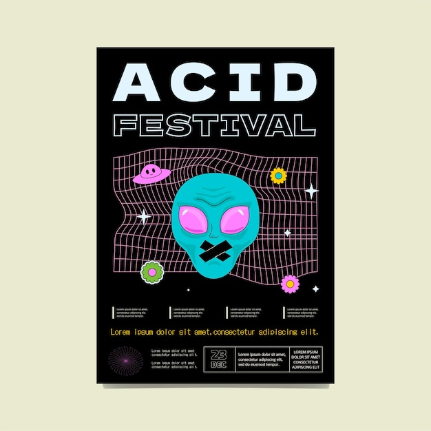 Vector psychedelic poster with the face of an alien whose mouth is taped and mesh background minimalistic rave artwork