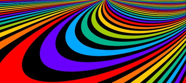 Psychedelic rainbow colored optical illusion lines vector insane art background, LSD hallucination delirium, surreal op art linear curves in hyper 3D perspective, hypnotic design.