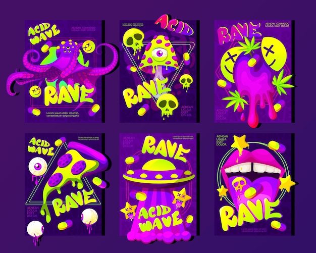 Psychedelic rave trip party banner template set rave music with neon funny fly agaric mushrooms