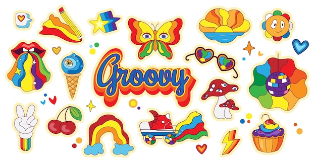 Psychedelic retro stickers in cartoon styleSet of elements in funky hippie styleRainbow mushrooms