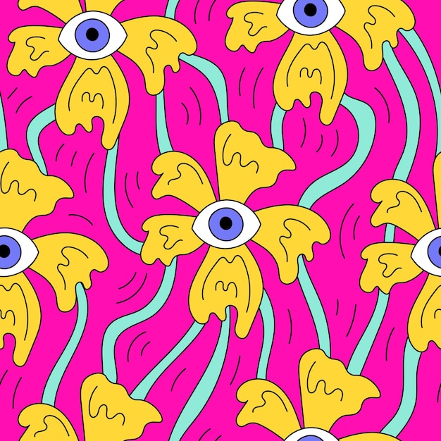 Vector psychedelic seamless pattern with melting flower and eye