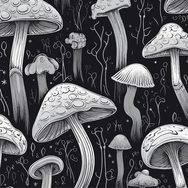 Psychedelic Seamless Pattern with Psilocybin and Hallucinogenic Elements