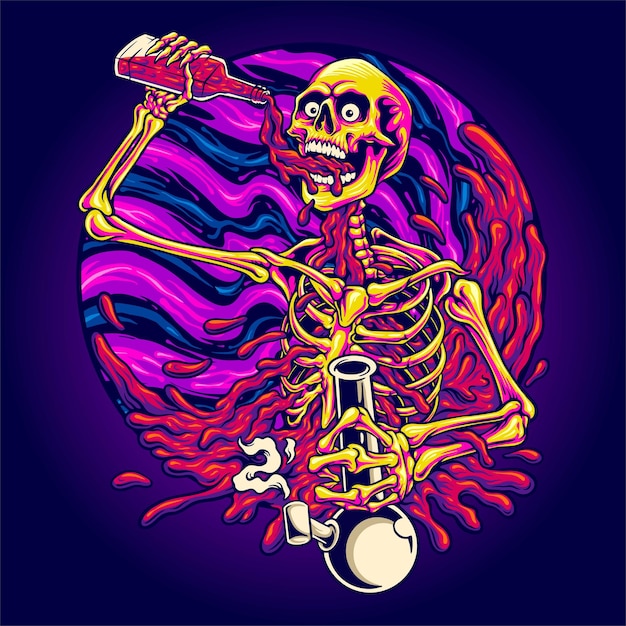 Psychedelic skeleton drunk trippy illustration