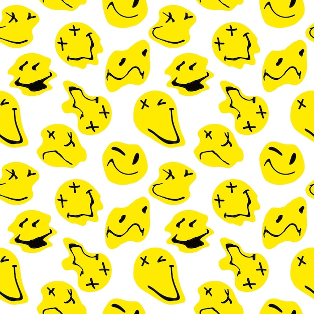 Psychedelic smiley seamless pattern Melted smiling faces liquid trippy groovy characters