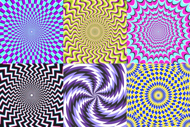 Psychedelic spiral. Optical illusion, delusion spirals and colorful abstraction hypnosis spiral vector illustration set