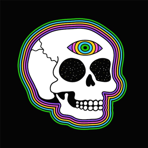 Psychedelic trippy skull with open third eye Vector hand drawn doodle line cartoon character illustration Psychedelicacidskullthird eye print for tshirt posterstickercovercard concept