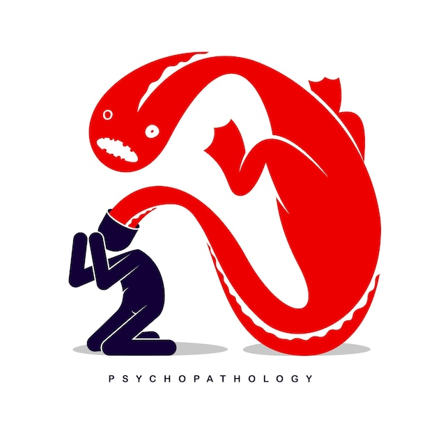 Psychical problems such as phobia psychosis schizophrenia hallucinations vector concept illustration in flat trendy style, psychiatry and psychology allegory, man with monster from his head.