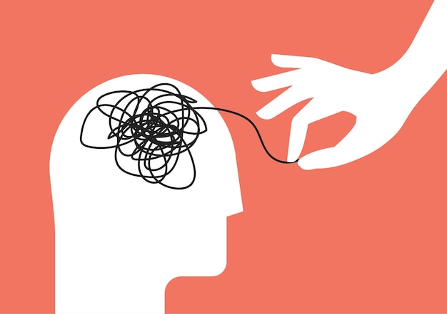 Psychologic therapy session concept with human head silhouette and helping hand unravels the tangle of messy thoughts with mental disorder anxiety and confusion mind or stress