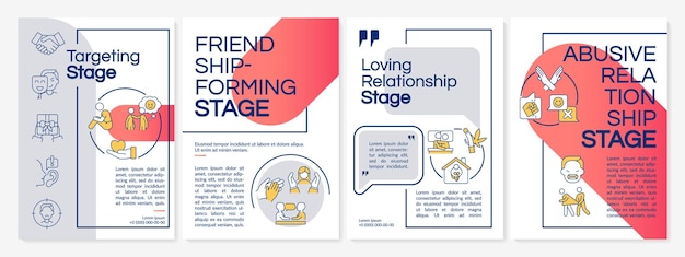 Psychological manipulation stages red brochure template Coercion tactics Leaflet design with linear icons 4 vector layouts for presentation annual reports Questrial LatoRegular fonts used