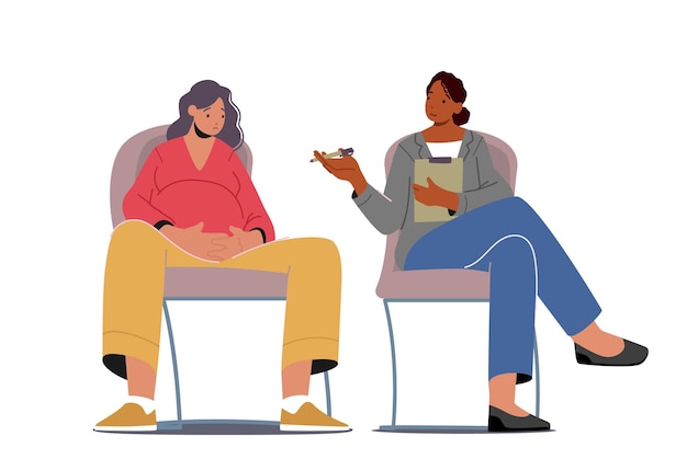 Psychological Support for Pregnant Woman in Perinatal Class Coach and Pregnant Female Characters Sitting on Chairs Speaking and Discussing Maternity Issues Cartoon People Vector Illustration