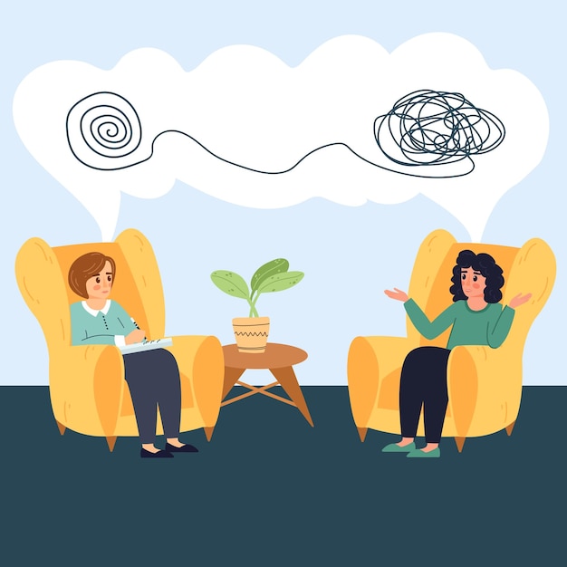 Psychologist appointment in cartoon flat style Concept of mental health Vector illustration of doctor counseling patient Two women talking psychology consultation