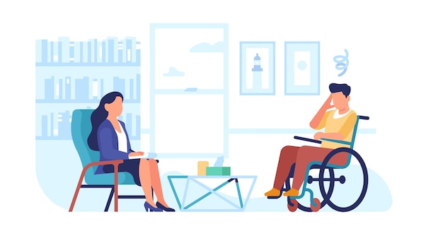 Psychologist counseling disabled person in wheelchair Psychological consultation Handicapped man talking with psychotherapist Paralyzed patients support Vector psychotherapy concept