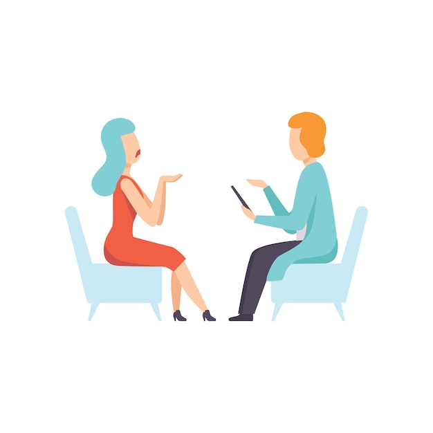 Psychologist counseling woman with psychological problems psychotherapy mental disorder vector Illustration isolated on a white background