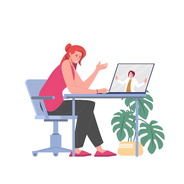 Psychologist or psychotherapist consulting woman patient online, vector flat illustration.