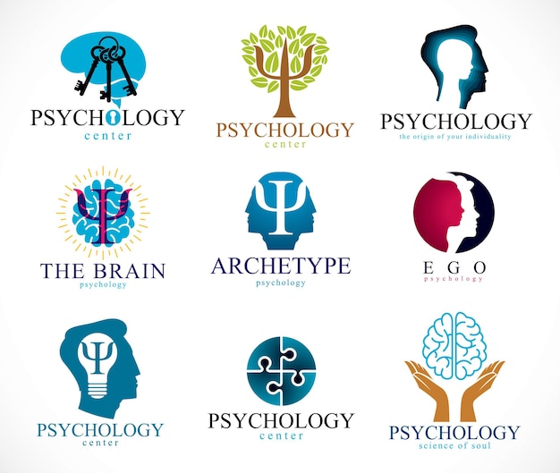 Psychology, brain and mental health vector conceptual icons or logos set. Relationship and gender psychology problems and conflicts, psychoanalysis and psychotherapy, personality and individuality.