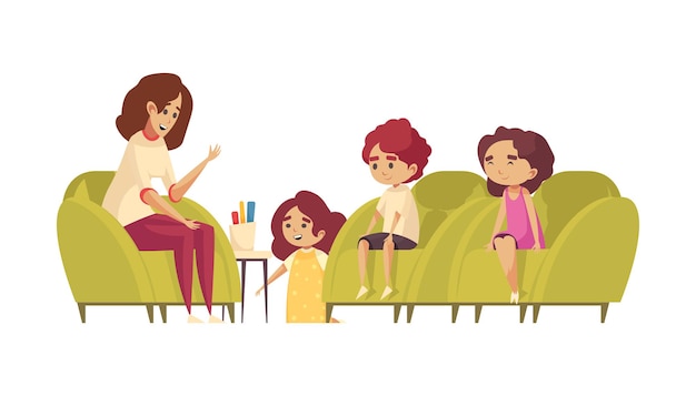 Psychology therapy composition with character of female psychologist and group of kids vector illustration