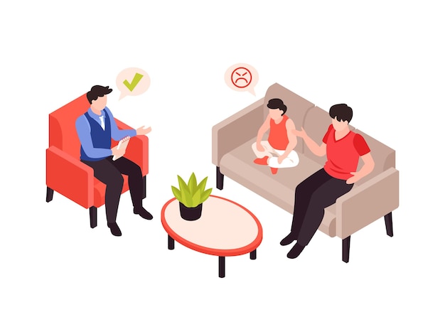 Psychology therapy with parent and child isometric illustration