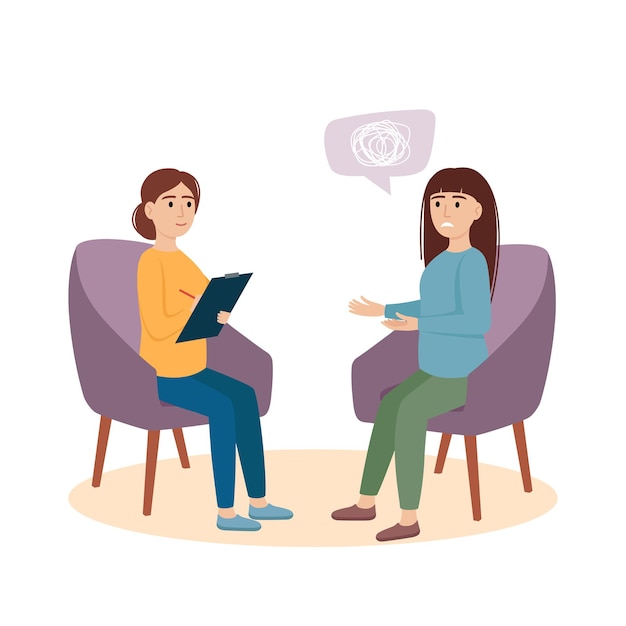 Psychology therapy. Woman sitting and talking to psychologist. Psychotherapy concept, vector illustration