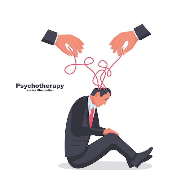 Vector psychotherapy concept. the therapist's hands unravel the strings of sad businessman. depressive state. confused thread. vector illustration flat design. isolated on white background.