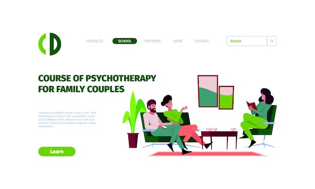 Vector psychotherapy consultation landing persons talking with psychologist doctor sitting on chair and sofa garish vector web page template