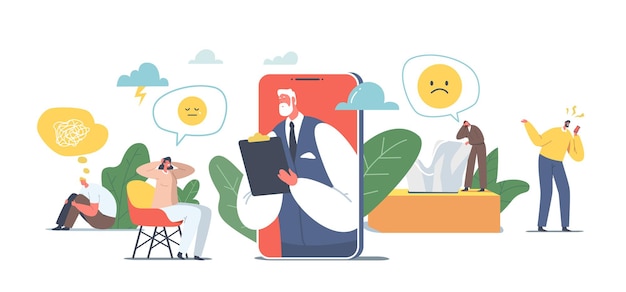 Psychotherapy Helpline, Online Consultation. Depressed Female Character and Doctor Psychologist on Huge Mobile Phone Screen Distant Appointment, Help Concept. Cartoon People Vector Illustration