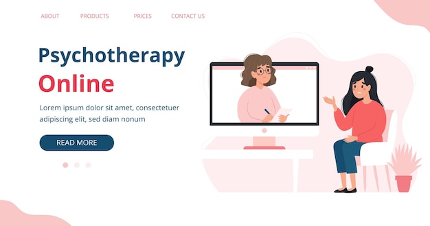 Psychotherapy online woman talking to psychologist on the screen Mental health banner