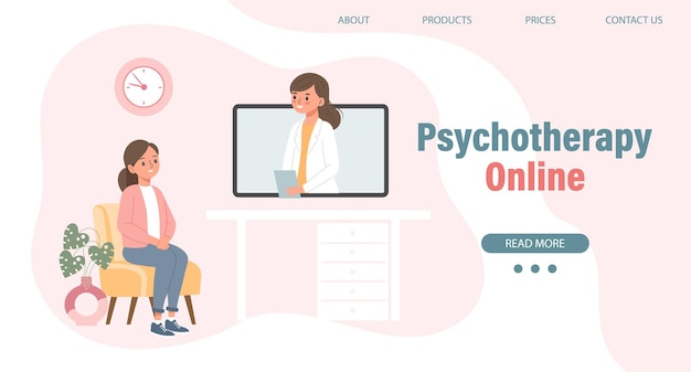 Psychotherapy online a woman talking to a psychologist on the screen Mental health banner