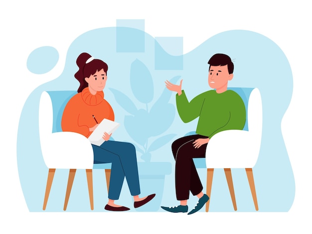 Psychotherapy session. A man tells a psychologist about his problems. Mental health concept. Vector illustration