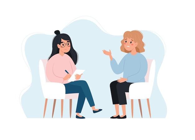 Psychotherapy session woman talking to psychologist Mental health concept vector